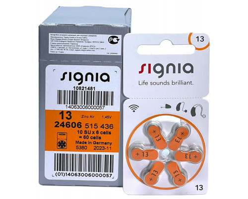 Батарейки для слуховых аппаратов Signia тип 13
